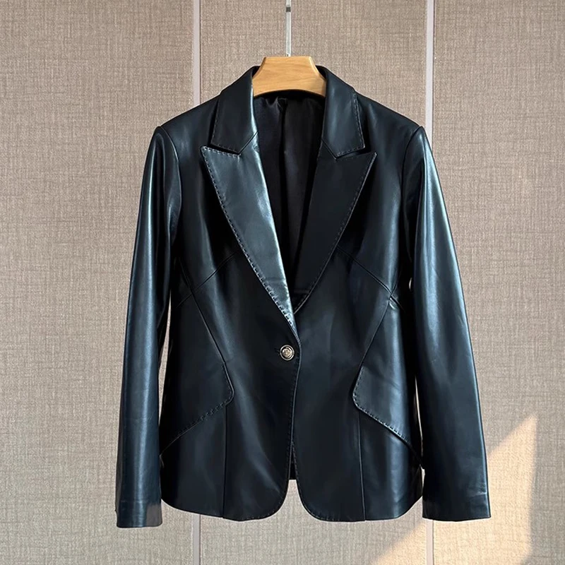 M-3XL chaqueta de cuero auténtico de primavera para mujer, chaquetas elegantes con cuello de solapa y un solo botón para mujer, chaquetas cortas ajustadas de traje de piel de oveja 2025