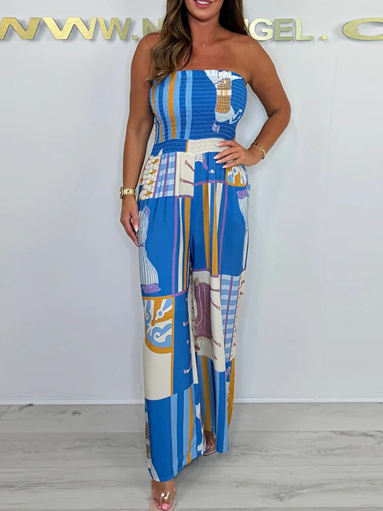 

Women's Fashion Backless Beach Rompers Multi Color Pattern Printed High Waist Bodysuit Sexy Strapless Hollow Bohemian Jumpsuit