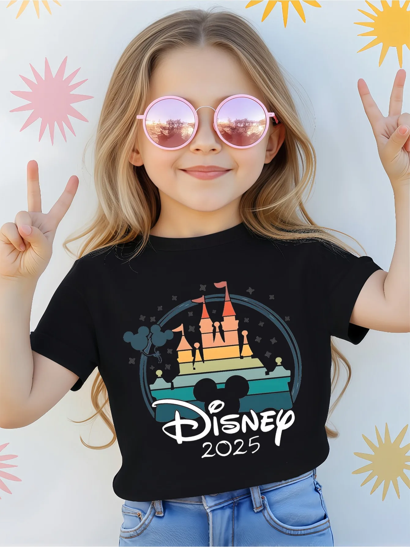 

2025 New Disney Pattern Printed Children's Street Fashion Trend Short Sleeve Pure Cotton Round Neck T-shirt