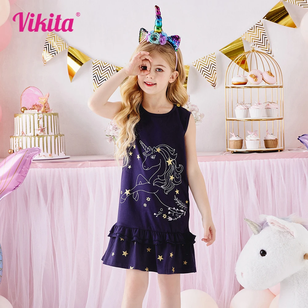 VIKITA Girls Sleeveless Summer Cotton Casual Daily Dress Kids Licorne Star Print Cartoon Vetidos Girls Ruffles Straight Dresses