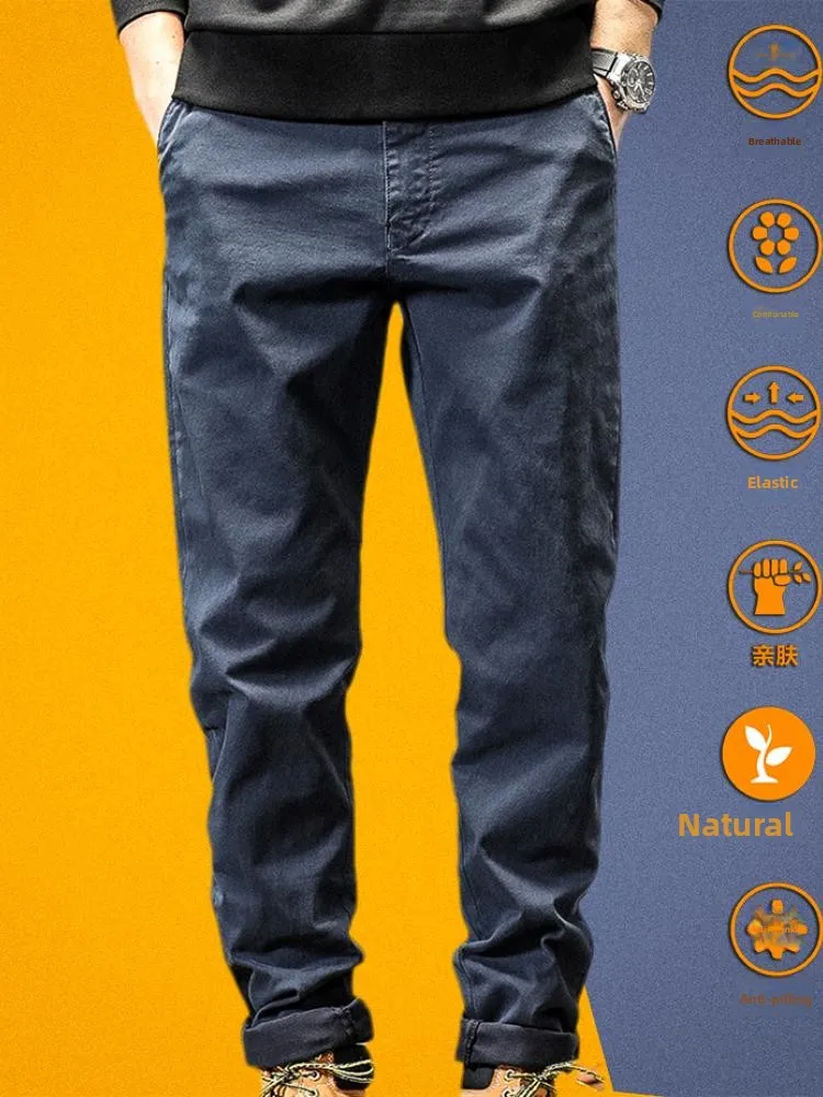 

Elastic Pure Cotton Slim Fit Straight Leg Men's Casual Pants Autumn Winter Trousers Trendy Long Pants Zipper Cuff Workwear