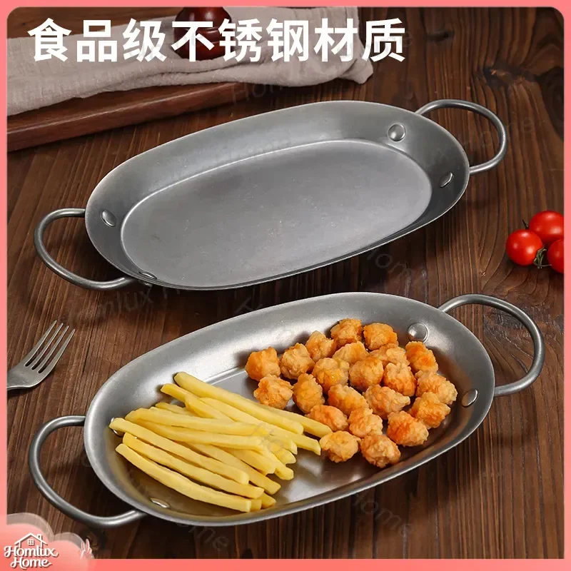 Vintage Oval Stainless Steel Dining Plate for Bar Bistro Restaurant BBQ Lobster Cheese Western Food Fried Lemon Fish