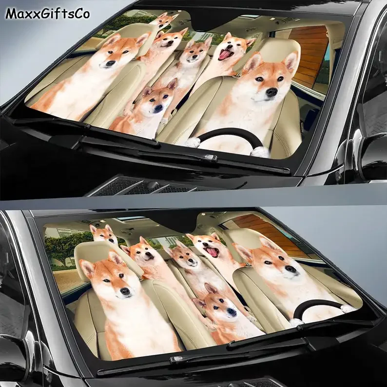 Shiba Inu Car Sun Shade, Shiba Inu Windshield, Dogs Family Sunshade, Dogs Car Accessories, Car Decoration, Gift For Dad, Mom