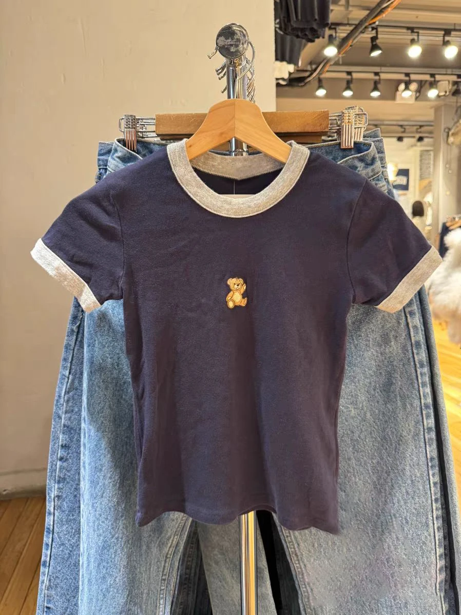 T-shirt en coton brodé de dessin animé pour femme, t-shirts, patchwork, col rond, mince, doux, décontracté, vintage, streetwear, été, Y2K Y