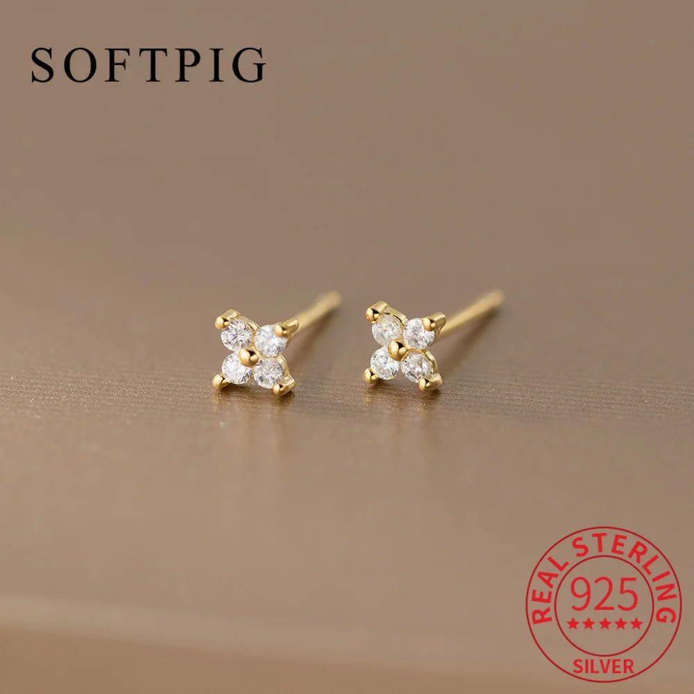

SOFTPIG Real 925 Sterling Silver 18K Gold Zircon Clover Plant Stud Earrings for Women Cute Fine Jewelry Light Luxury Accessories