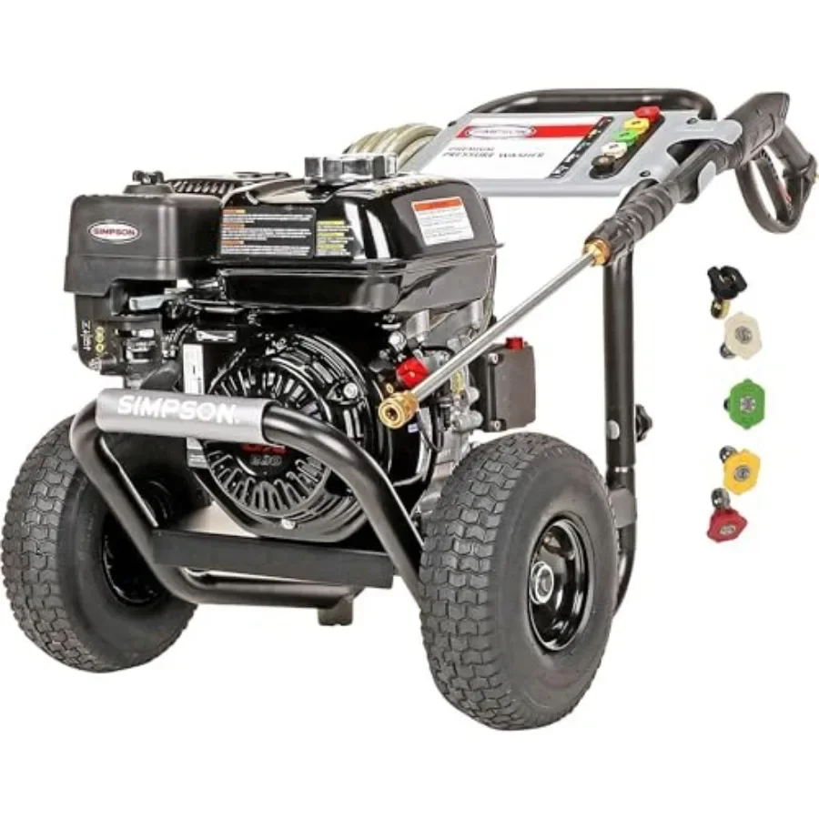 

Gas pressure washer for outdoor cleaning: MorFlex hose, 3300 PSI/2.5 GPM, Honda GX200 engine, 5 QC nozzles, spray gun, extensio