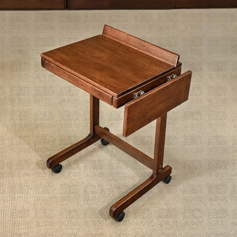 Mobile Laptop Cart-Folding Solid Wood Side Table with Casters Multifunctional Small Desk for Sofa Bed Study Portable Workstation