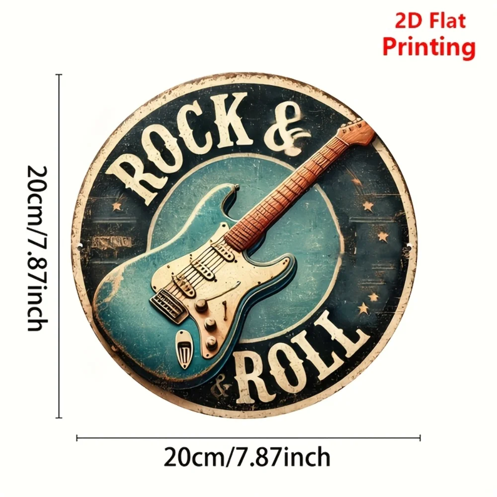 Vintage Rock & Roll Guitar Round Aluminum Wall Art, 8 Inch Eye-Catching Metal Plaque for Home Office Bar Cafe Wall Decoration