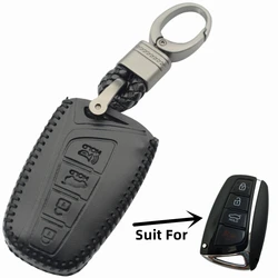 FLYBETTER Leather 4Button Car Key Fob Cover For Hyundai Genesis SantaFe Equus Sonata Azera Protective Key Case With Keychain