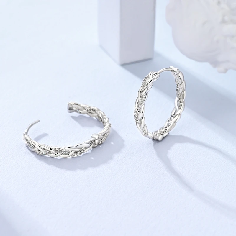 925 Sterling Silver Earrings Women Sparkling Braided Hoop Earring For Anniversary Wedding Jewelry Gifts