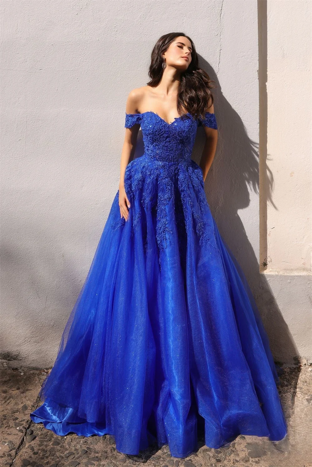 

Amanda 2024 Sapphire Blue A-line Vestido De Novia Sweet Off Shoulder Lace Evening Dress Corset Tulle Sweep Train Prom Dress 2024
