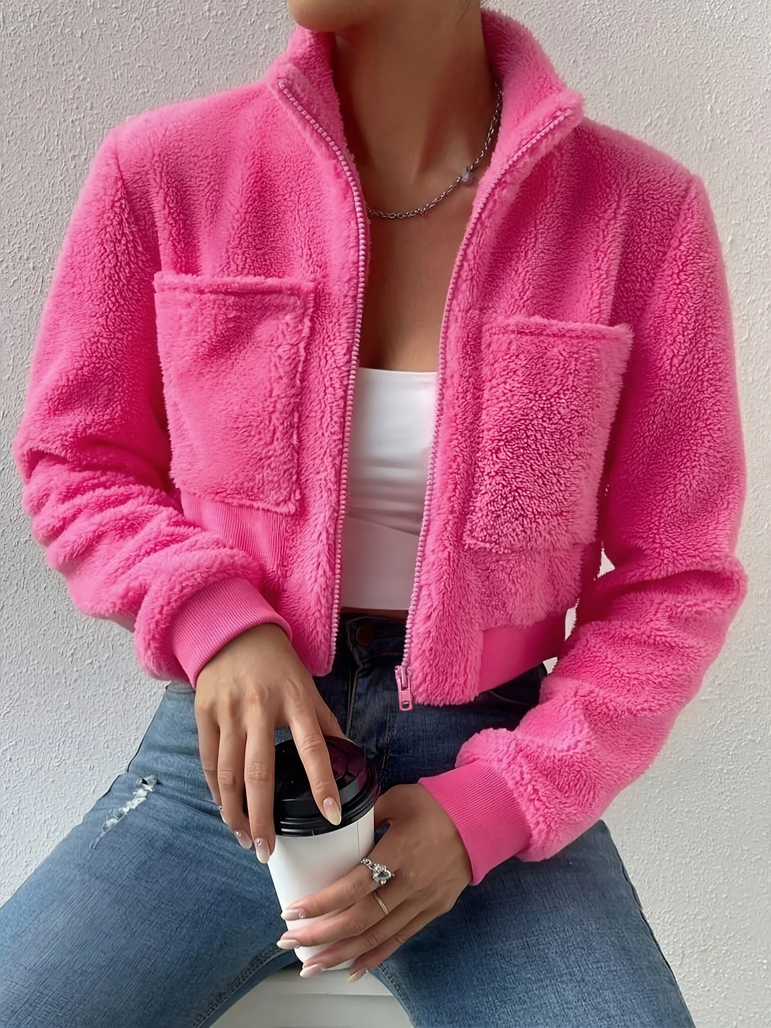 Women Rose Pink Sherpa Cropped Jacket Zip Up Stand Collar Daily Streetwear Winter Outerwear Fuzzy Fluffy Coat With Pockets S‑XXL