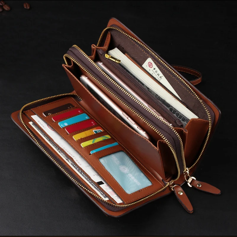 Brand Fashion Vintage Long Purse Men\'s Clutch Bag Double Zipper Large Capacity Multi-Card Slots Passport Holder Business Wallet