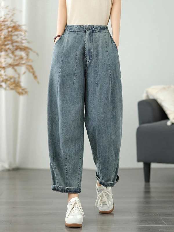 

Retro Spliced Denim Jeans Women's High Waist Slim Fit Casual Straight Leg Jeans Summer Washed out Style Nine Points Pants