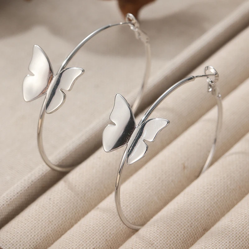 Bohemian Style Silvery Butterfly Earrings, Dynamic Design Women's Hoop Earrings, Perfect Jewelry Gift for Her