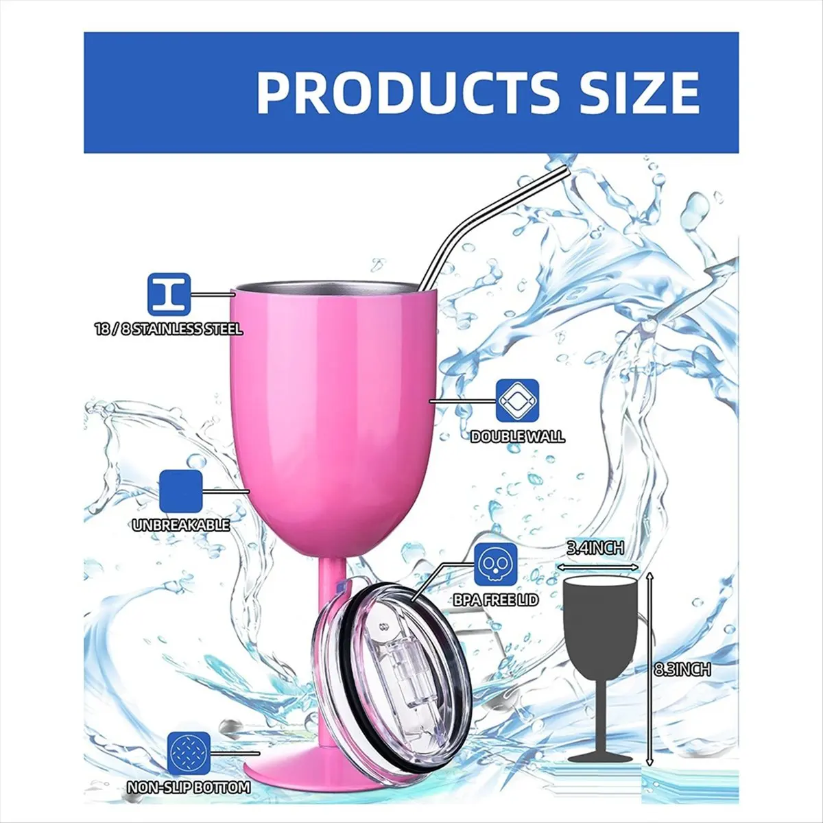 *A14E Stemmed Stainless Steel Wine Glasses with Lid Double Wall Insulated Wine Tumbler Goblets Wine Glasses(No Straw)