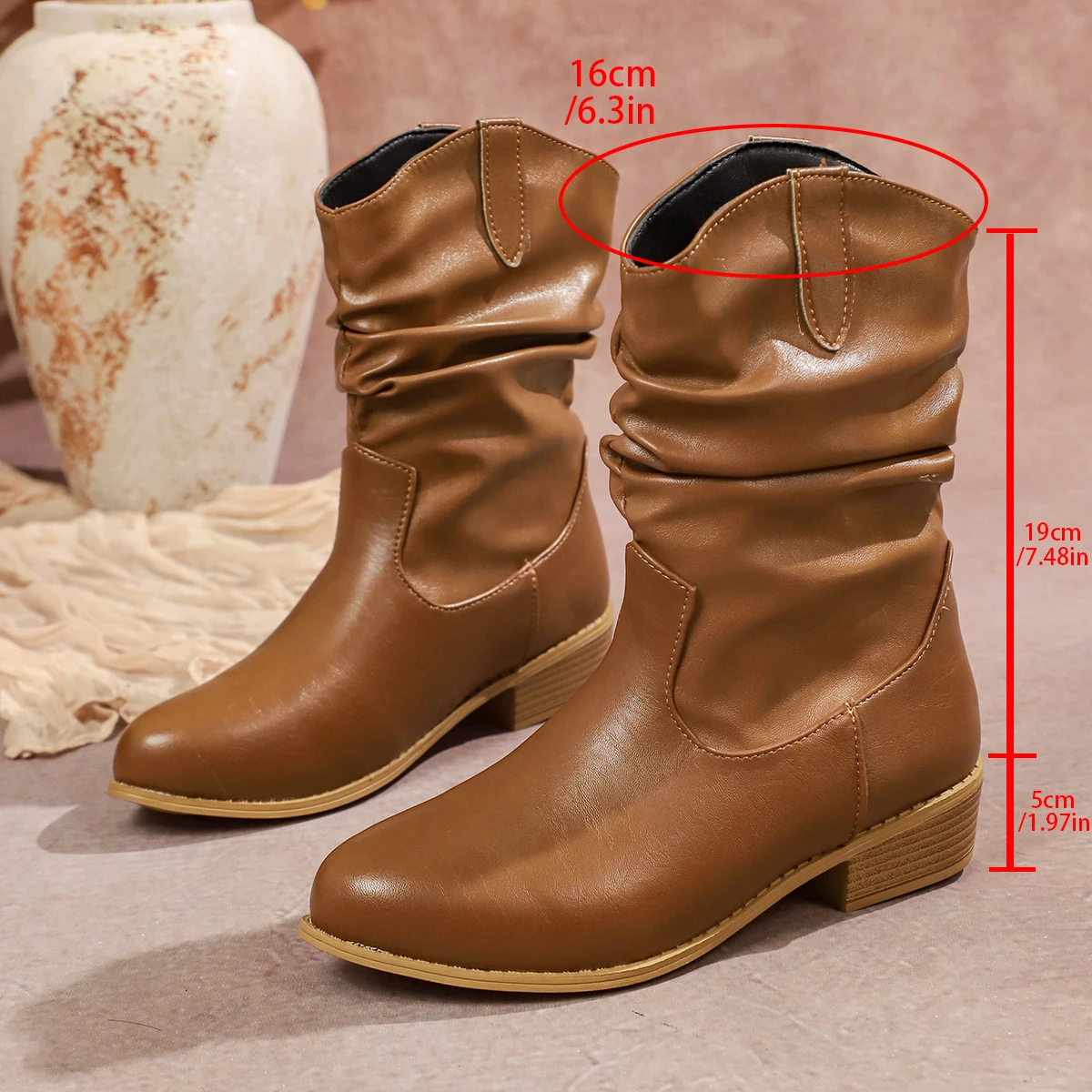 Plissee Cowboy Stiefel Frauen Westlichen Stil Mittlere Waden Stiefel Frau Herbst Winter Plus Größe Mode Chunky Heels Stiefel Größe 36-43