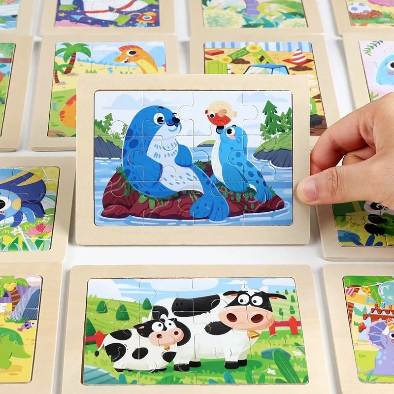 15X11cm 3D Wooden Puzzle Cartoon Animal Jigsaw Puzzle Cognition Toys Early Learning Montessori Educational Toys for Children