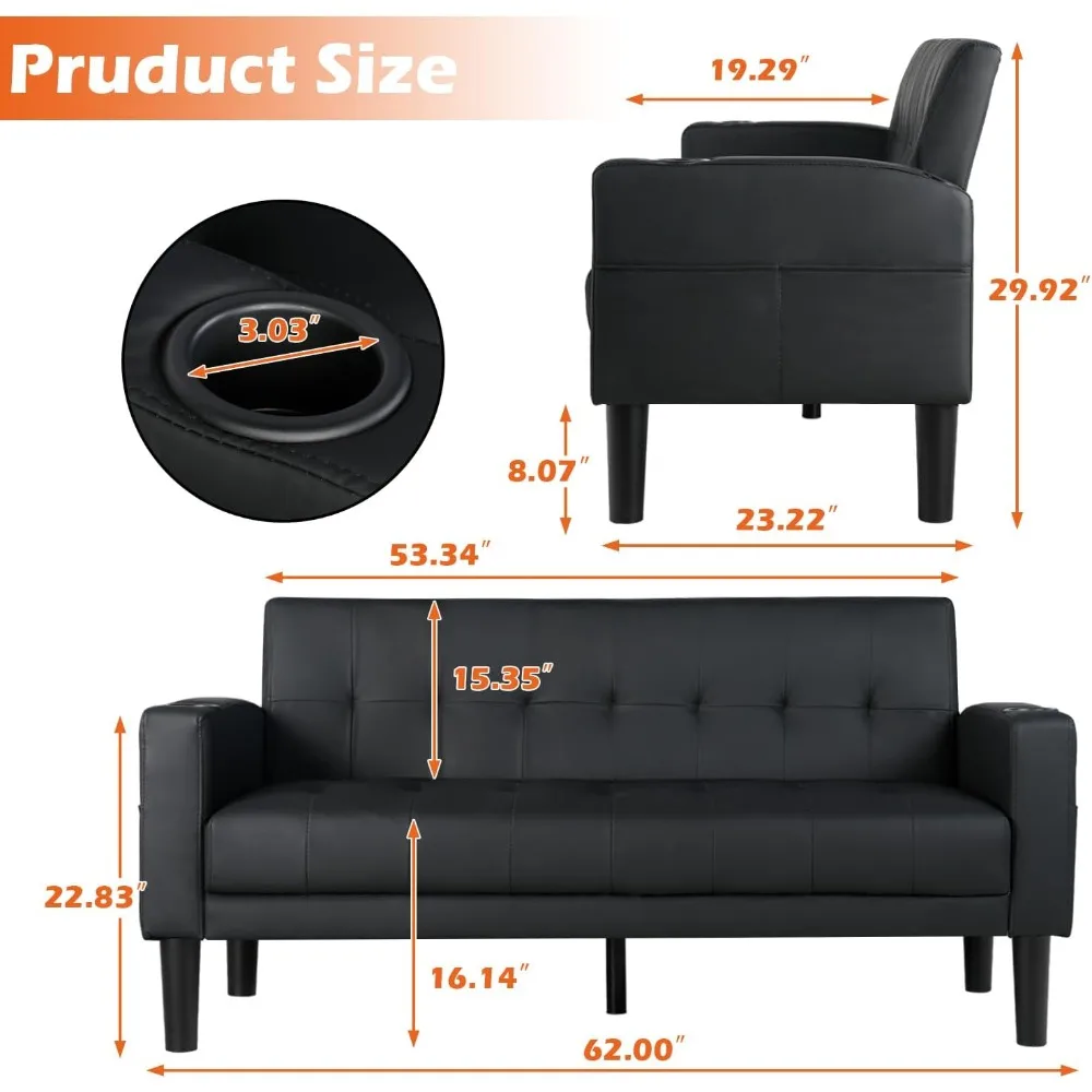 أريكة بمقعدين حديثة من منتصف القرن مع منافذ USB وحاملات أكواب وجيوب جانبية وأرائك مقعد من الجلد المنجد