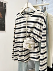 Women's Loose Casual Versatile Round Neck Tops 2024 Autumn New Stripe Contrast Long Sleeves T-shirt Harajuku Retro Tees