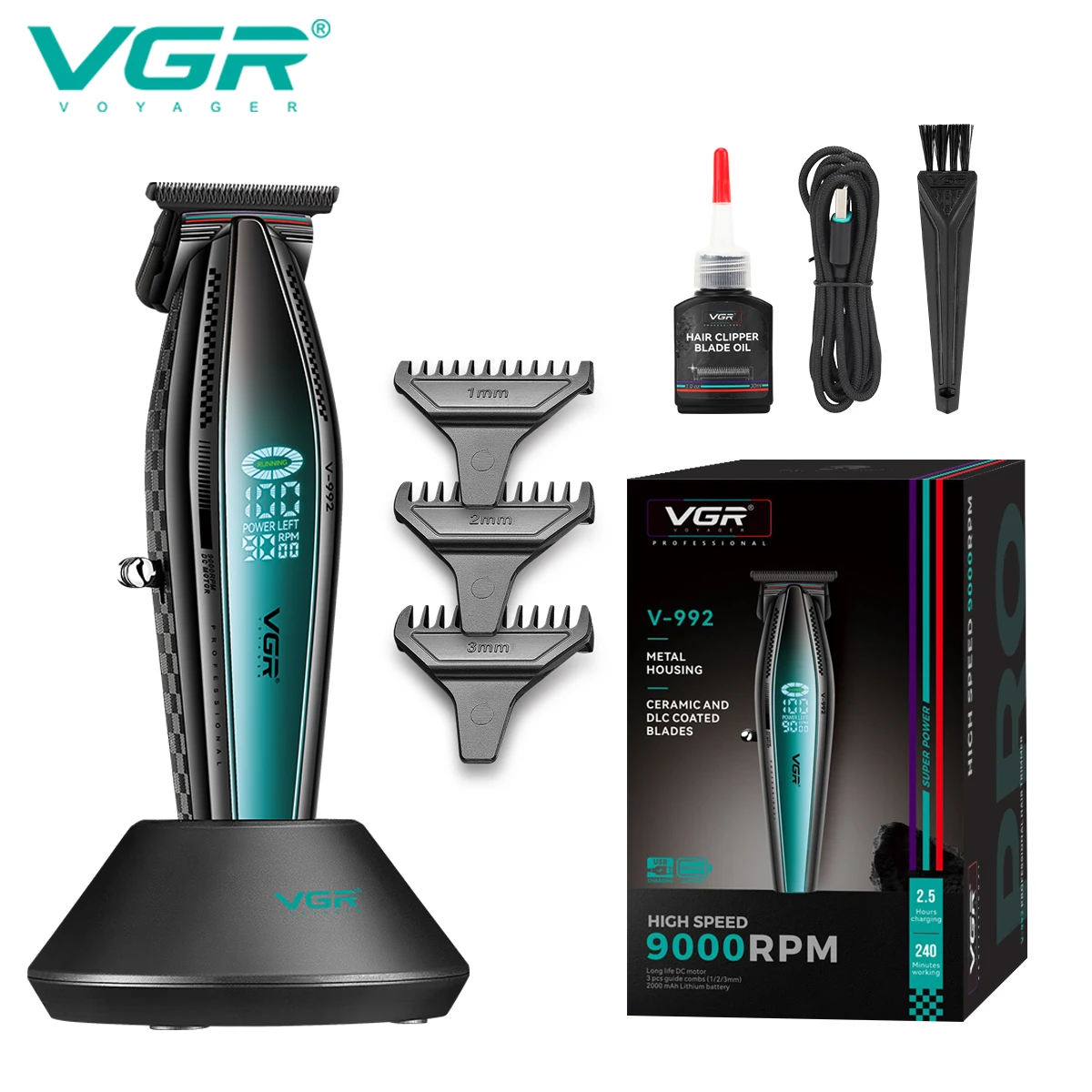 VGR 남성용 전문 헤어 트리머, 전기 이발 기계, 충전식 헤어 클리퍼, LED 디스플레이, V-992, 9000 RPM