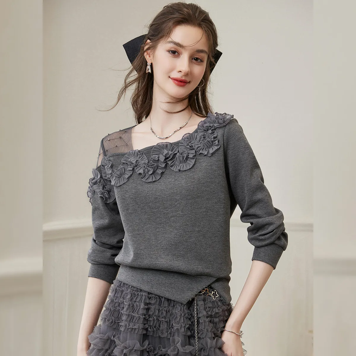 LOUIS YAO Sweet Asymmetrical Collar Lace Patchwork Sweatshirt 2026 Spring Hoodie Elegant Knitted Split-Hem Women's Pullover