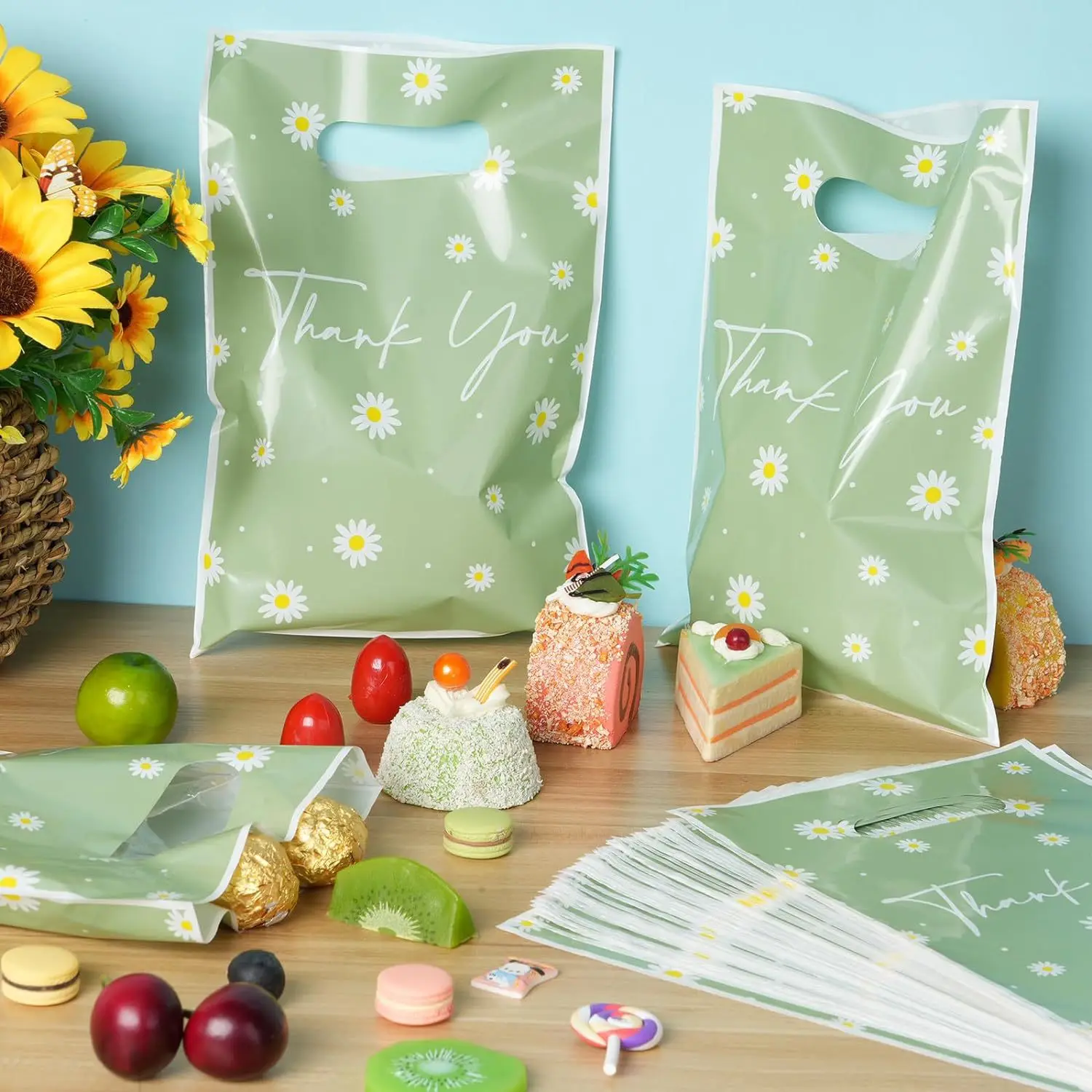 50 Stück süße grüne Gänseblümchen-Blumen-Thema-Geschenkverpackungsbeutel, Kekse, Süßigkeitenbeutel für Kinder, Geburtstag, Baby, Shwoer, Hochzeit, Party-Dekoration