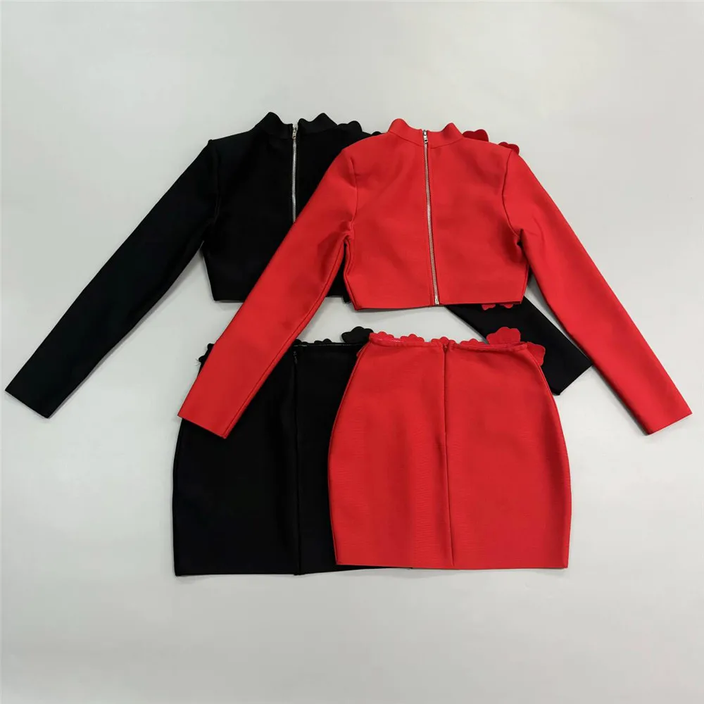 Women\'s Heavy Industry Nail Bead Flower Short Skirt Set High Collar Long Sleeve Tight Ultra Short Top+Mini Skirt Two Piece Set