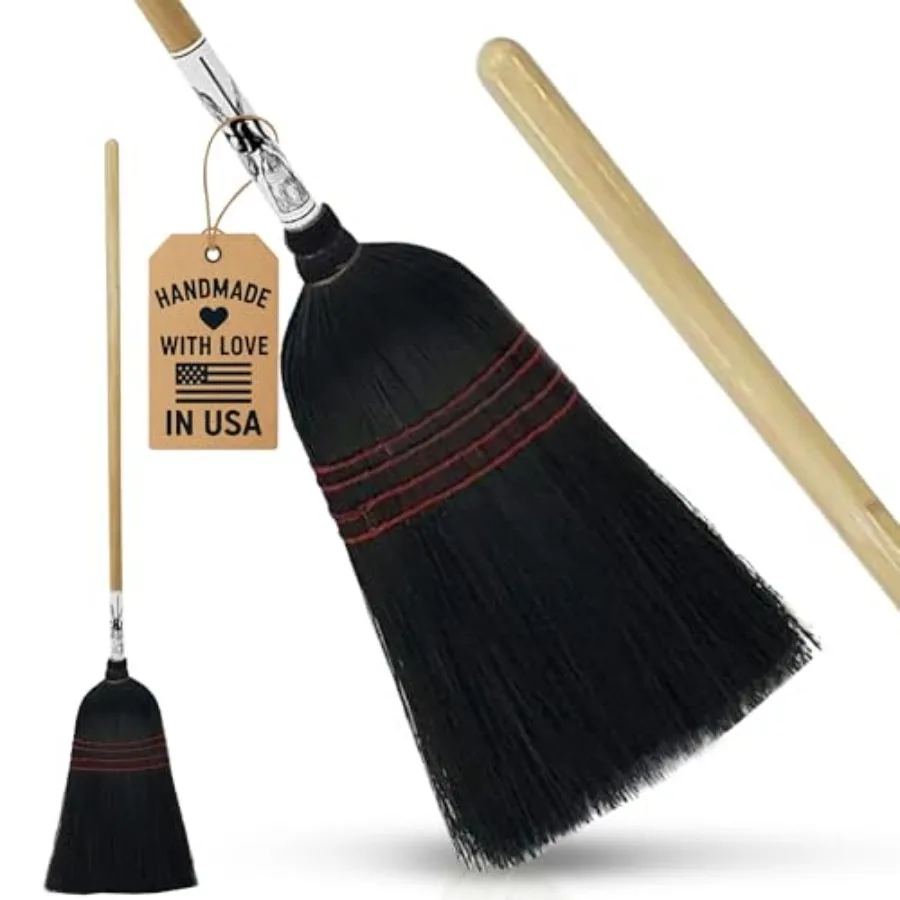 Handmade Amish Corn Broom with Wooden Handle 57" Heavy Duty Broom for Courtyard, Lobby and Market, 100% Corn Fill Straw Broo'm,