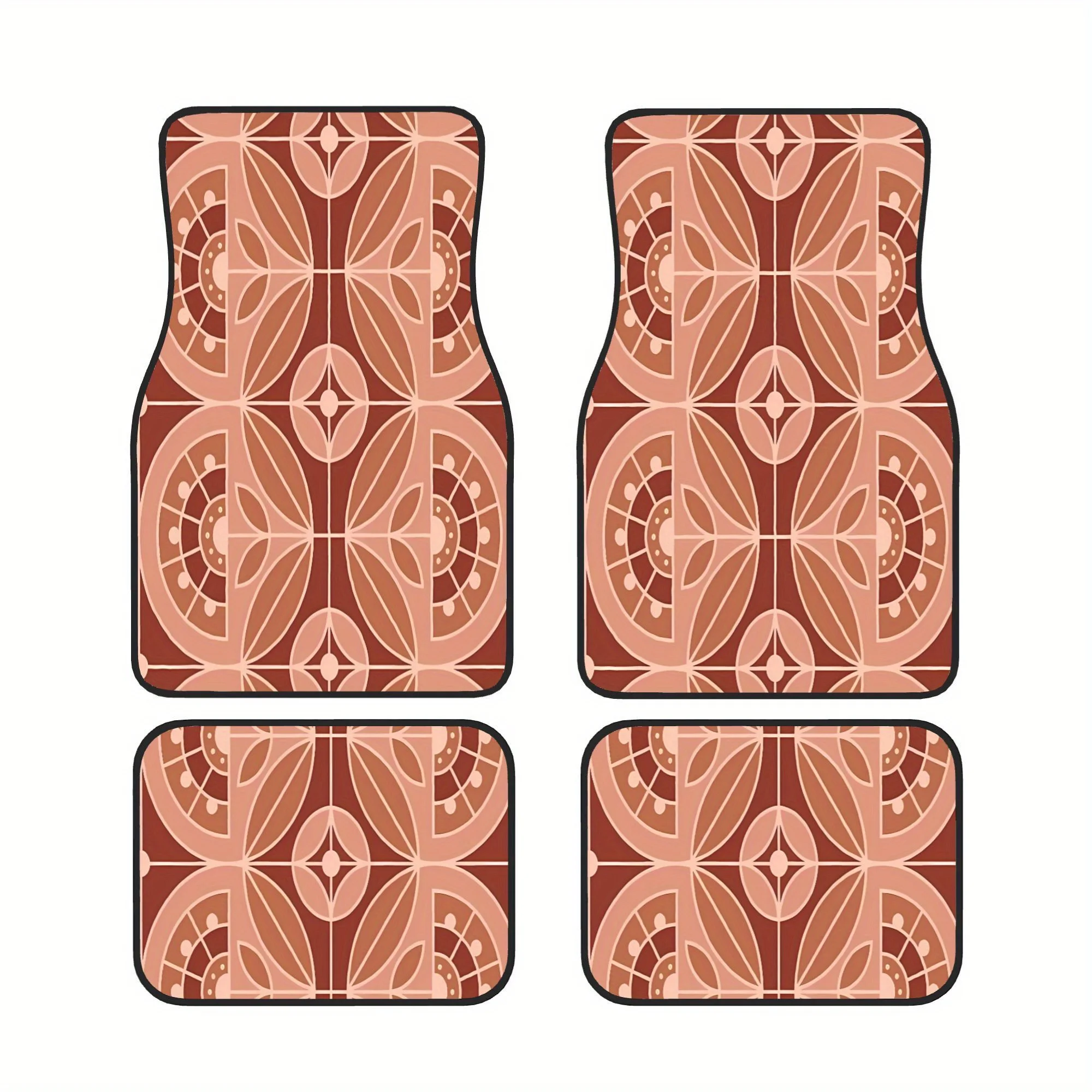 Art Deco Tile Floral Terracota Stylish Four Part Floor Mat Set Designed For Daily Drivers Who Enjoy A Coordinated And Tidy Car I