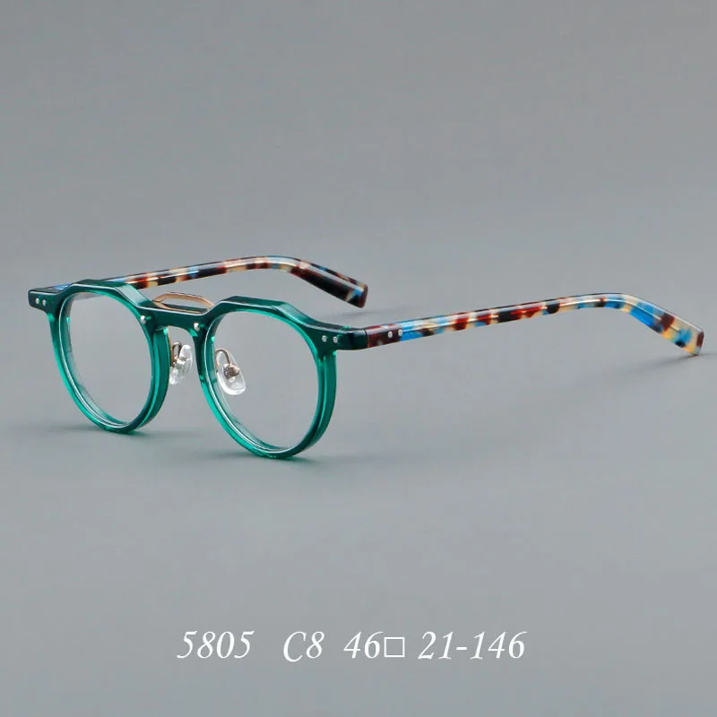 Moda redonda transparente verde amarelo cor misturada bloqueando óculos de miopia quadro masculino feminino retro oval rebite acetato óculos