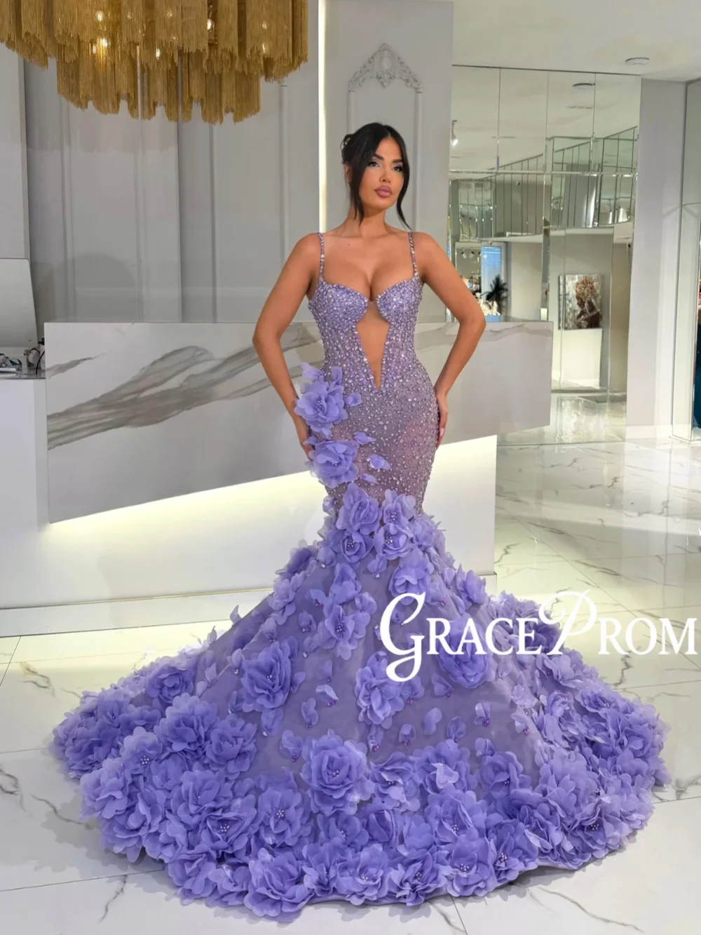 

Handmade 3D Floral Crystal Evening Dress Purple Captivating Mermaid Long Wedding Party Gown Customized Luxury Red Carpet Gowns