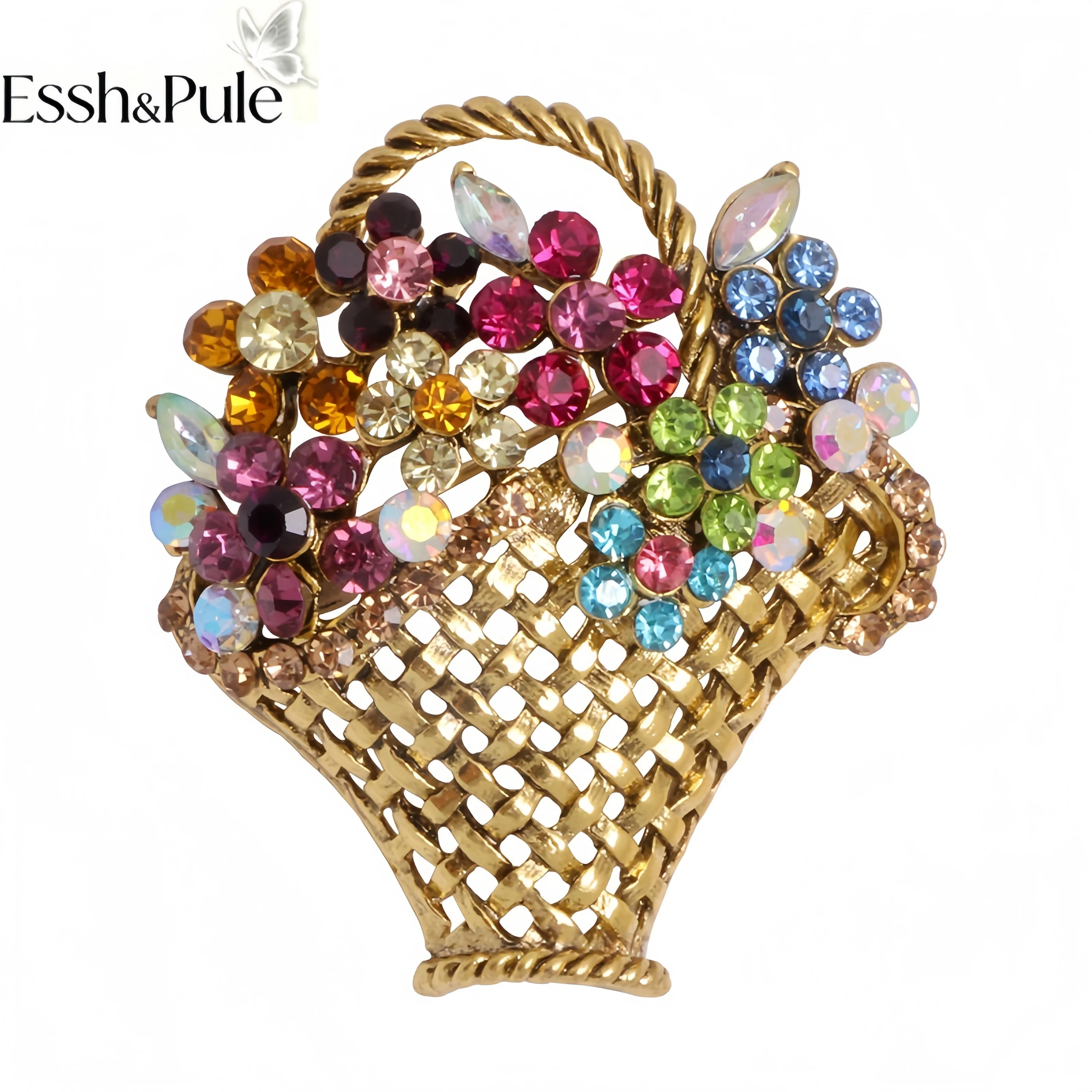 Essh&Pule Vintage Flower Basket Vase Brooch Rhinestone Pearl Enamel Floral Lapel Pin Women Wedding Evening Dress Coat Jewelry