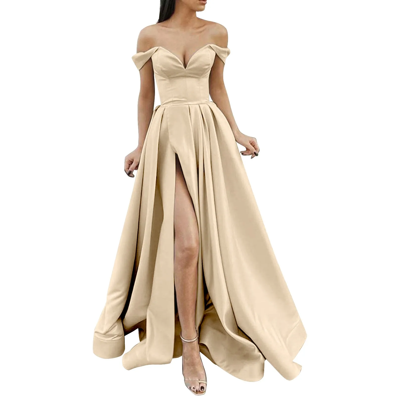 

Women's Off The Shoulder Bridesmaid Dresses for Wedding With Slit Long Pleated Satin Prom Dress A-Line Evening Gowns Dress