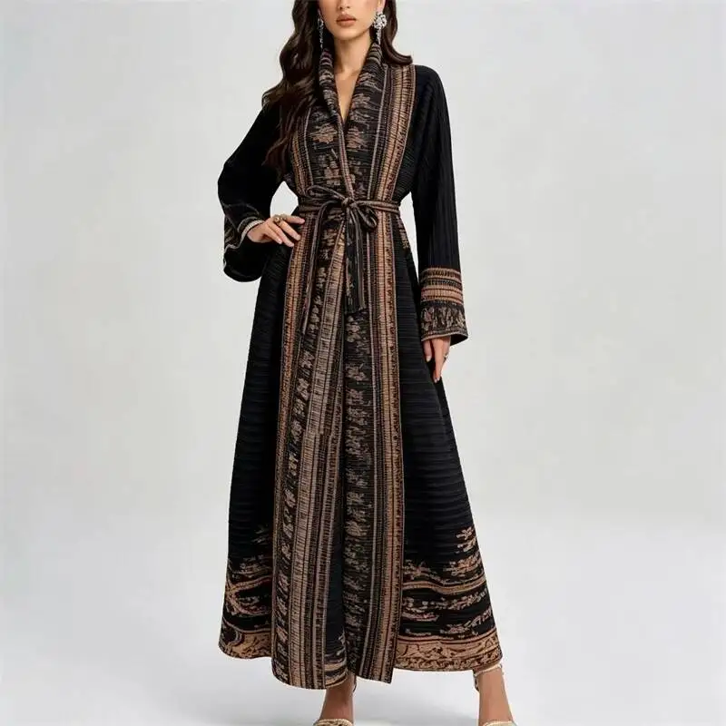 Floral High-end Black Print Pleated Women's Kimono Coat Women Long Sleeve Casual Stylish Cardigan Overcoat 2F30G