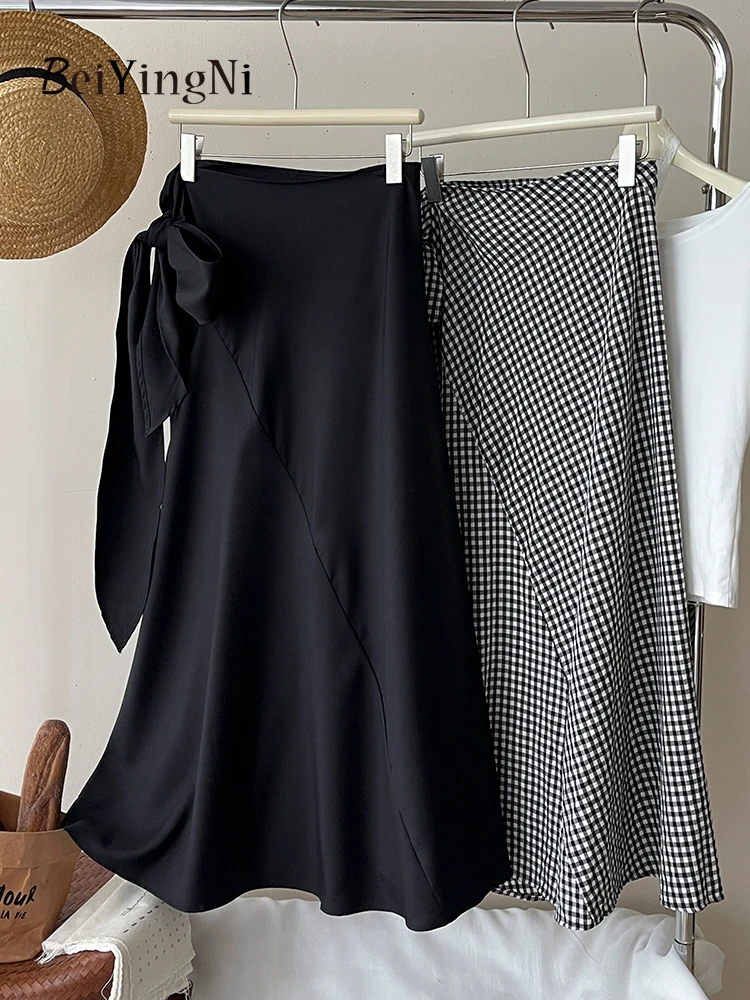 Beiyingni 2025 Summer Vintage Women's One-piece Midi Skirts Plaid Casual Lace-up Irregular Holiday Plaid Skirt Female Faldas