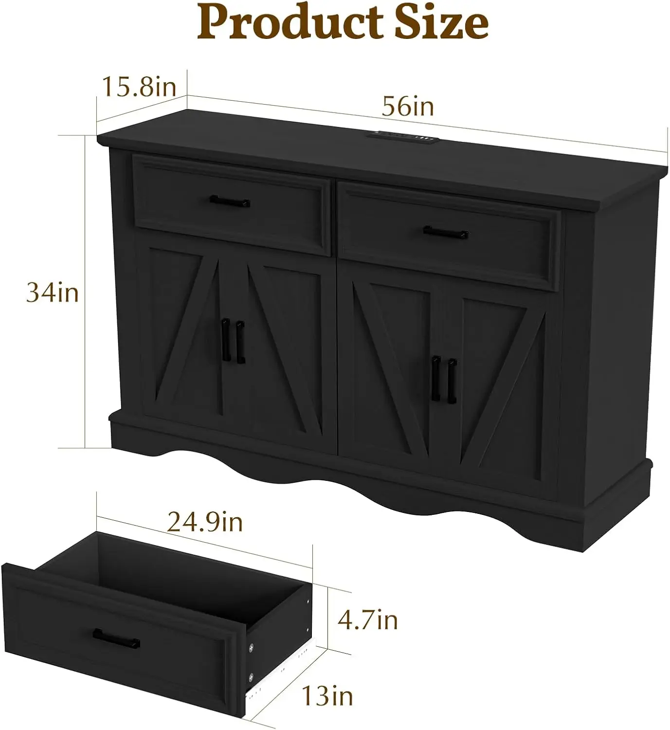 خزانة بوفيه خشبية مقاس 56 بوصة مع مساحة تخزين، وبار القهوة والنبيذ الحديث، وقاعدة مموجة، ومحطة شحن، باللون الأسود #2