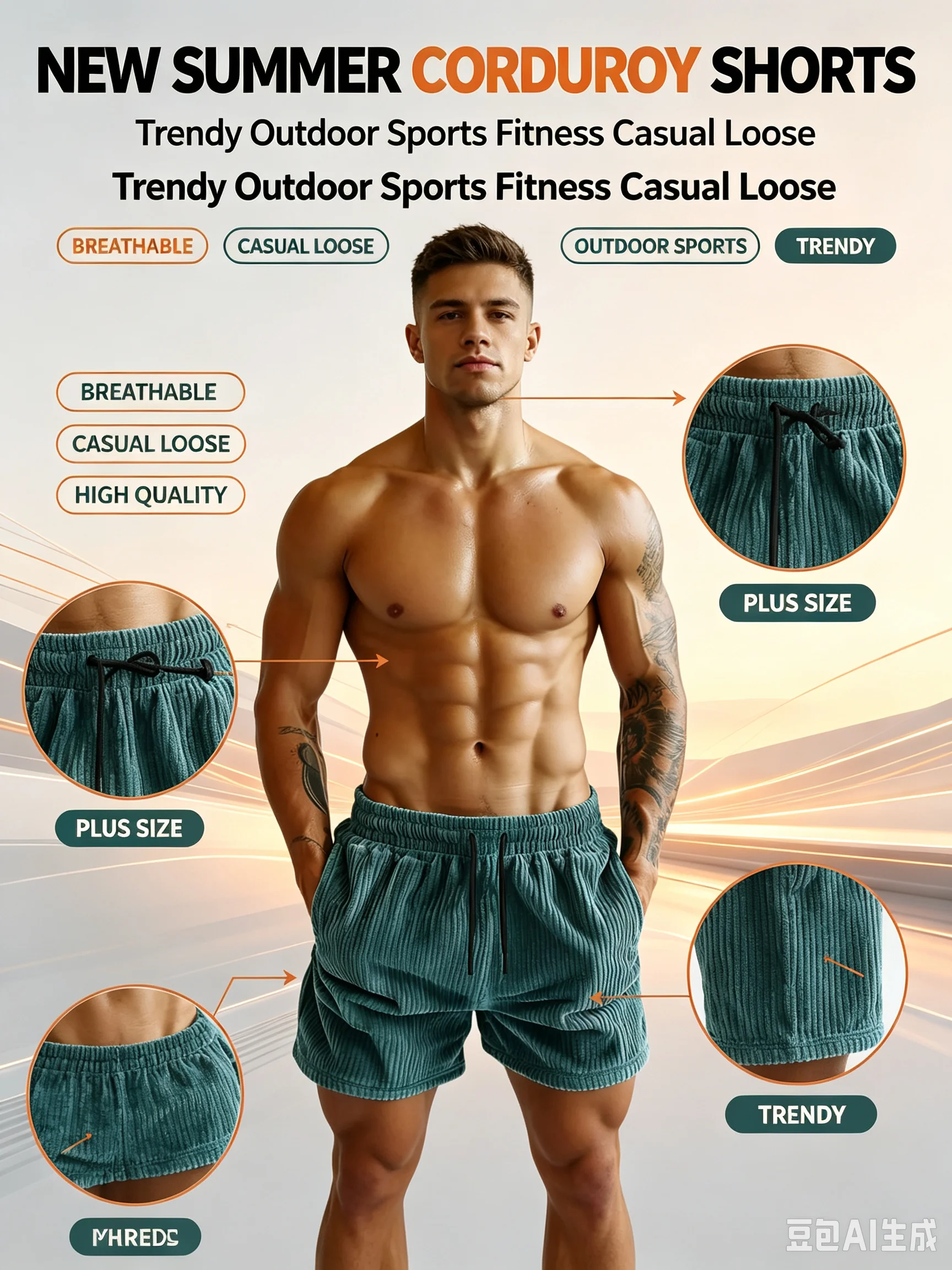 New Summer Fashion Trendy Outdoor Sports Fitness Corduroy Shorts Men's Casual Loose Breathable High Quality Plus Size Shorts