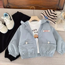 Spring Autumn Kid Boys Hooded Jackets Zipper Solid Color Long Sleeve Children Boys Windbreak Casual Exterior Students Boys Coats