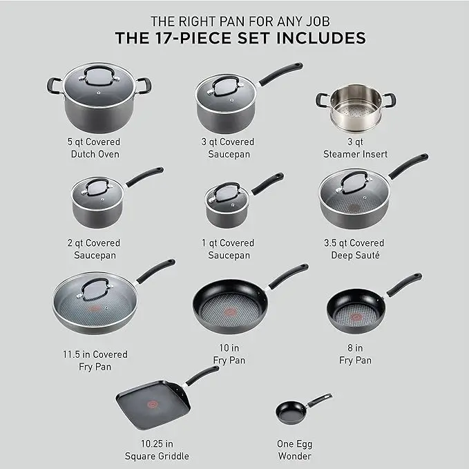 Ultimate Hard Anodized Nonstick Cookware Set 17 Piece, Kitchen Cooking Set Fry Pans