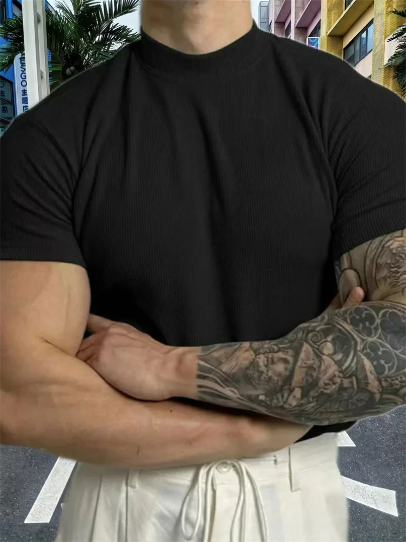 

spring summer Elastic Comfortable Men's T-shirt Small high collar stripe shirt short sleeve fitness tops sports casual T-shirt