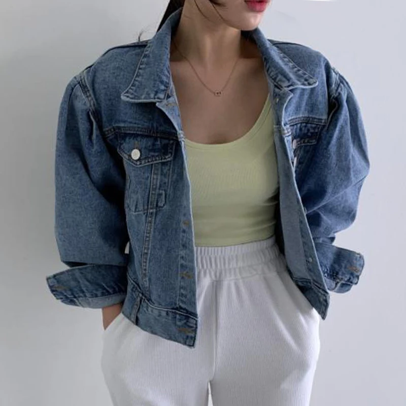 

Chic Vintage ort Bubble Sve Denim Jaet Loose Fit Multi-ket Turn-down Collar Single-Button Women's Faion Spring Ou...