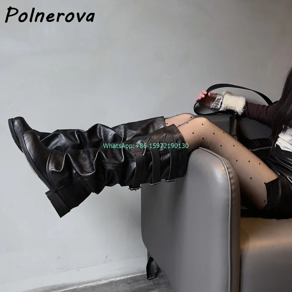 Soft Leather Pleated Knee High Boots Buckle Belt Round Toe Flat Solid Shoes Sexy Hotties Fashion Loose and Comfortable Shoes
