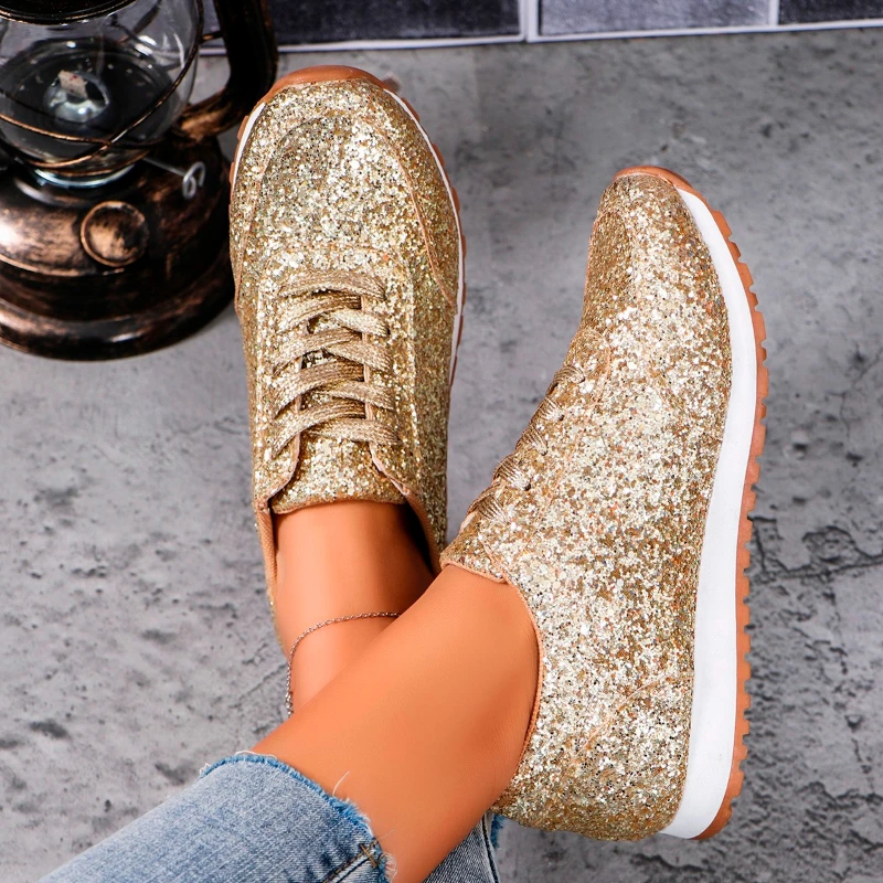 Womens Spring New Bling Sequin Designer Fashion Round Toe Vulcanized ShoesOutdoor Comfortable Thick Sole Non-slip Women's Shoes