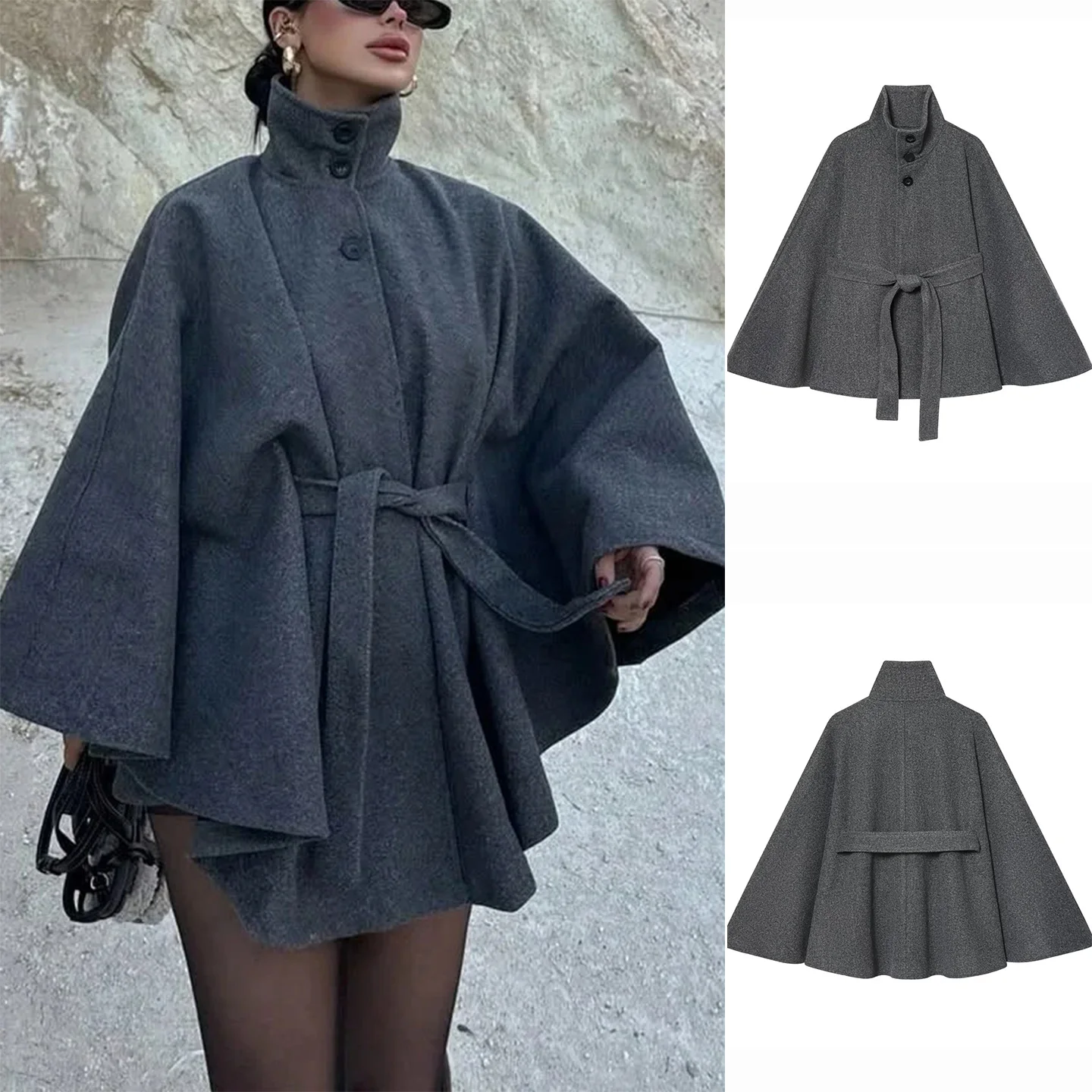 

Winter New Women's Loose Fit Simple High Collar Long Sve Belted ort Coat Sle Woolen Outerwear Polyester Fiber 00%