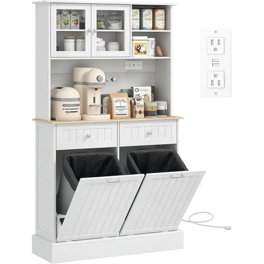

68 White Kitchen Pantry Cabinet with Charging Station, Dual 10 Gallon Trash Bins, and Adjustable Glass Door Hutch
