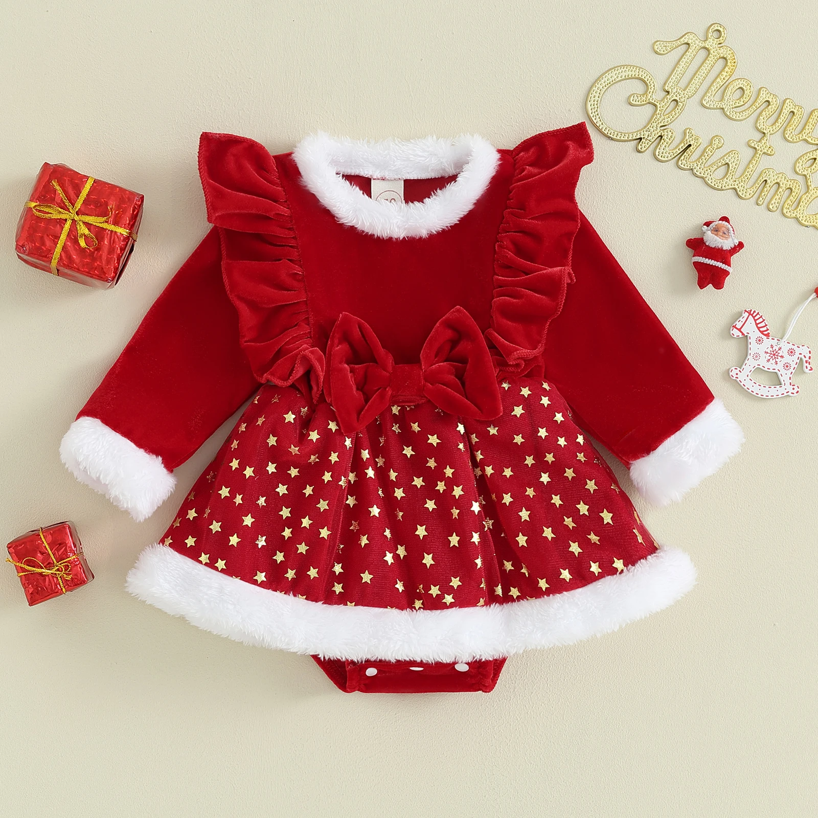 

Christmas Baby Girls Rompers Red Fur Velvet Long Sleeve Bow Sequins Jumpsuits New Year Costumes