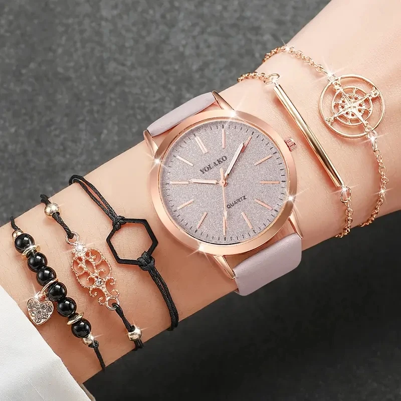 6PCS/Set Women Quartz Watch Light Luxury Fashion Casual Wristwatch PU Leather Strap Watch Jewelry Set Gift For Girls