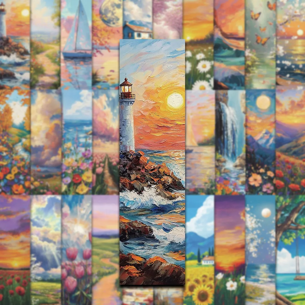 美しいロマンチックな夕日の花、牧草地の油絵スタイルのアートブックマーク、紙の本のマーキング、ページ番号カード、30個