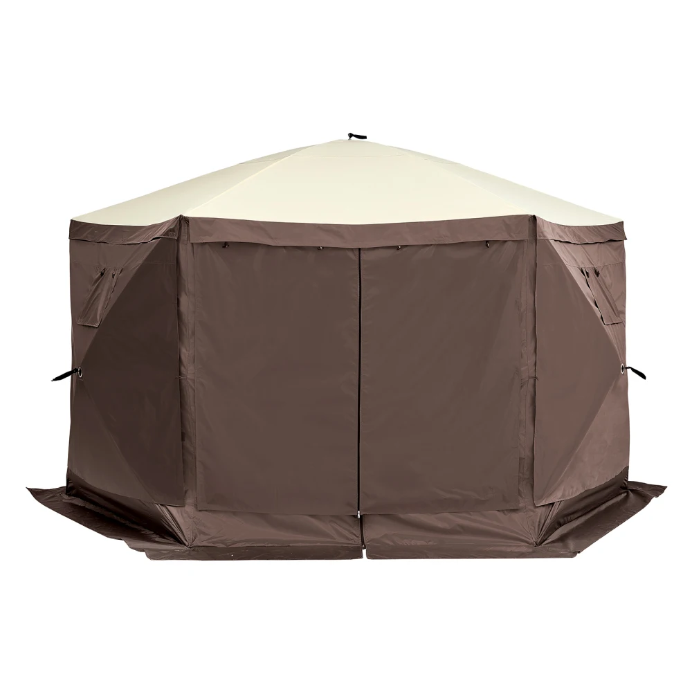 Brown Pop-up Gazebo Tent with Mosquito Net, Pop-up Mesh Tent, Six-sided Awning, Sturdy Design with 6 Removable Privacy and Windproof Flaps and Mesh Windows, 11.5x11.5 Feet, Quick-setup Mesh Tent.